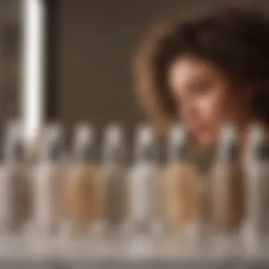 Elegant Display of Curly Hair Serums Various serums displayed elegantly on a vanity