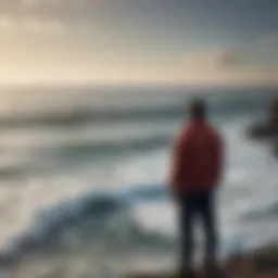 A solitary figure gazing out over a vast, tranquil ocean, symbolizing introspection and loneliness.