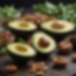 An assortment of ketogenic foods including avocados, nuts, and leafy greens