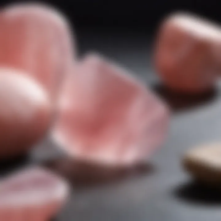 A rose quartz gua sha stone with a soft pink color positioned on a reflective surface.
