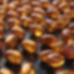 Close-up of vitamin E oil capsules highlighting their rich color and texture