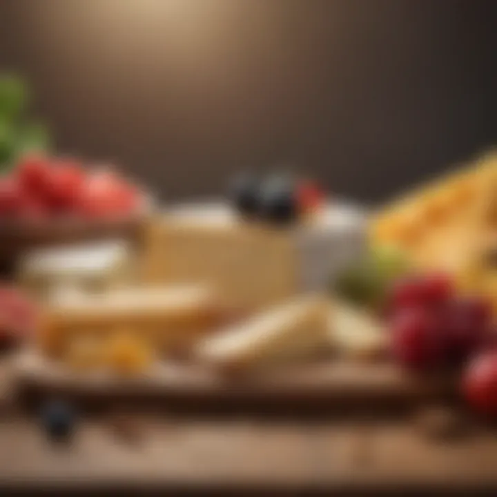 Artistic composition of gourmet cheeses and fruits