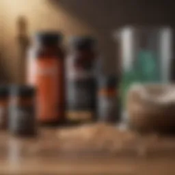 A diverse array of fiber supplements displayed on a wooden table, showcasing different types and brands.