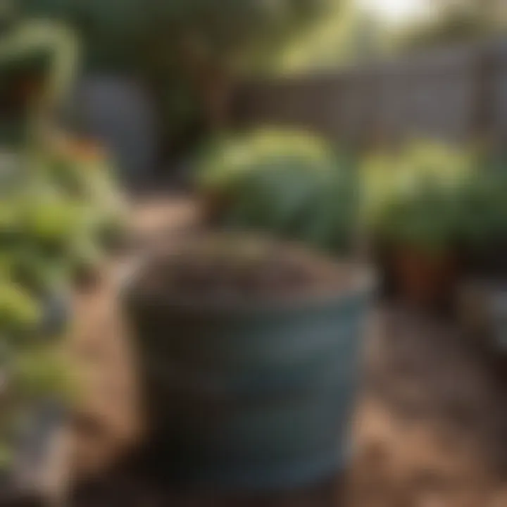 An aesthetically pleasing small compost bucket placed in a garden setting.