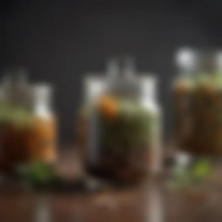 Aromatic herbs and spices in glass jars