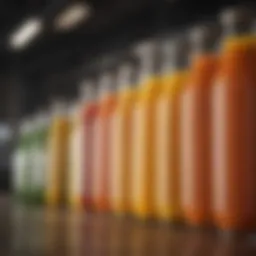 Colorful array of fresh juices in glass bottles