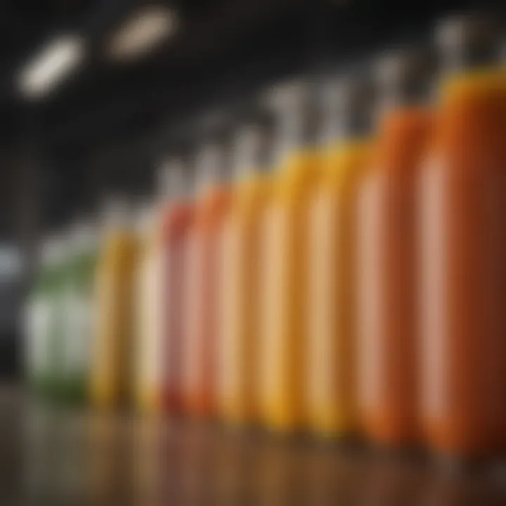 Colorful array of fresh juices in glass bottles
