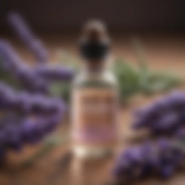 Close-up view of lavender essential oil with herbs