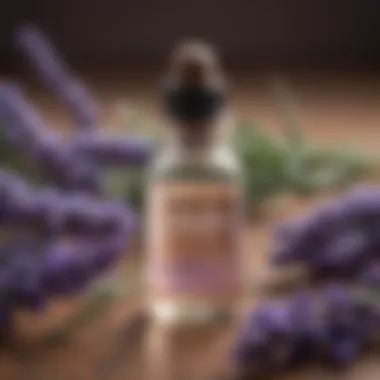 Lavender Essential Oil Benefits Close-up view of lavender essential oil with herbs