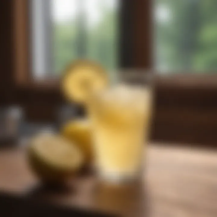 Refreshing glass of lemonade juice on a wooden table