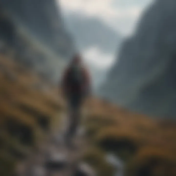 A lone hiker trekking along a misty mountain trail