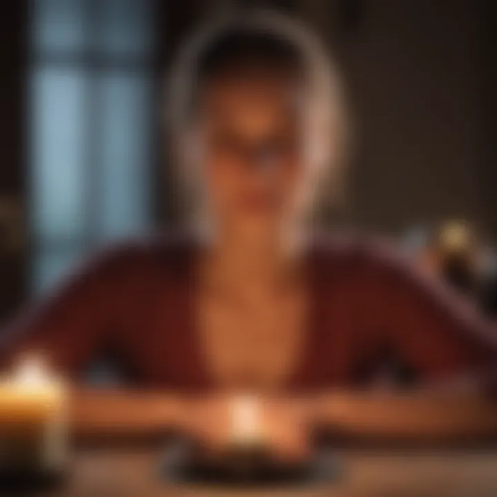 Person meditating near a non-smoking candle