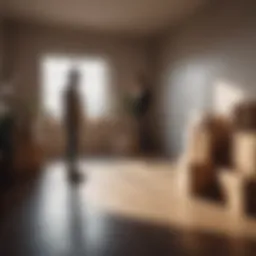 Illustration of two silhouettes in a room with moving boxes
