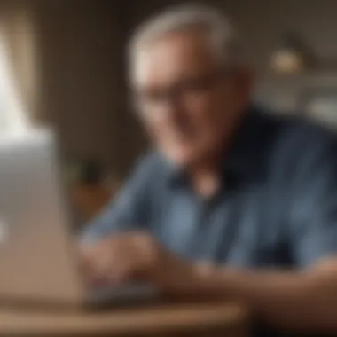 A close-up of an older adult using a laptop, engaged in online interaction.