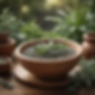 An ancient pottery bowl filled with a blend of sage leaves and aromatic herbs, surrounded by nature.