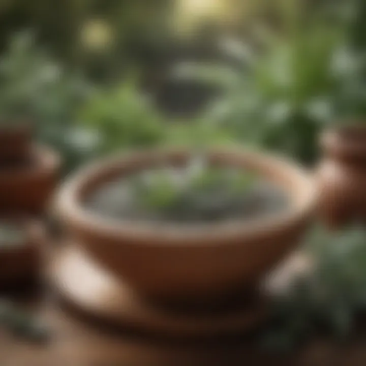 An ancient pottery bowl filled with a blend of sage leaves and aromatic herbs, surrounded by nature.