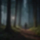 Illustration of a person walking through a dark forest with a small light guiding the way