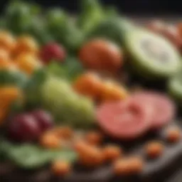 A vibrant assortment of gut-friendly foods including fruits, vegetables, and fermented items