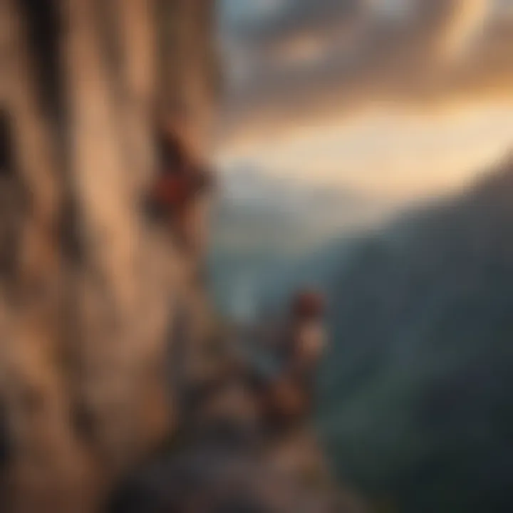 A person rock climbing against a dramatic mountain backdrop