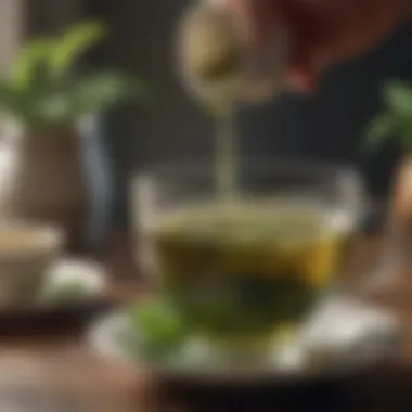 Pouring freshly brewed green tea into a delicate teacup