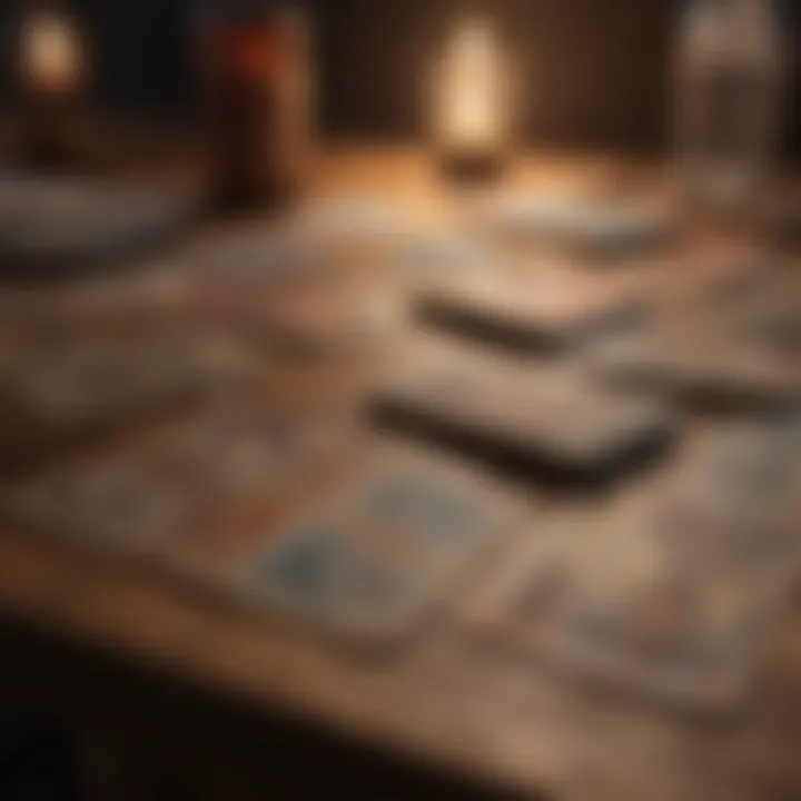 Ancient tarot cards spread on a wooden table