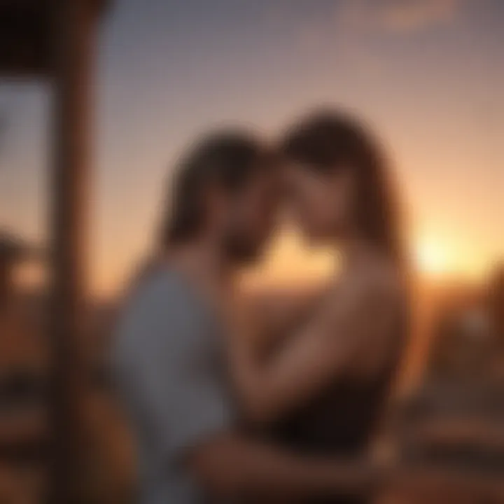 Couple embracing with a sunset background