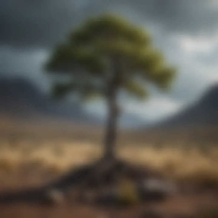 Resilience in Adversity: A lone tree standing tall amidst a stormy landscape