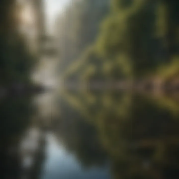 A serene landscape with calm waters reflecting the sky