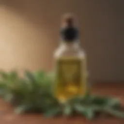 Tea Tree Oil Bottle with Fresh Tea Leaves in Background