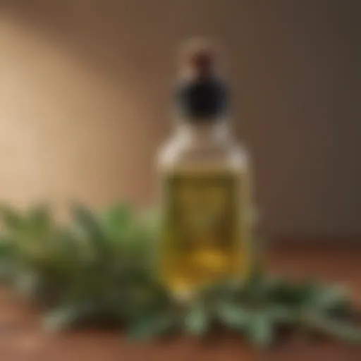 Tea Tree Oil Bottle with Fresh Tea Leaves in Background