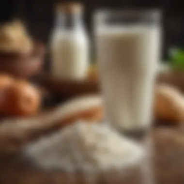 Traditional Kefir Grains and Beverage A vibrant display of traditional kefir grains alongside a glass of creamy kefir.