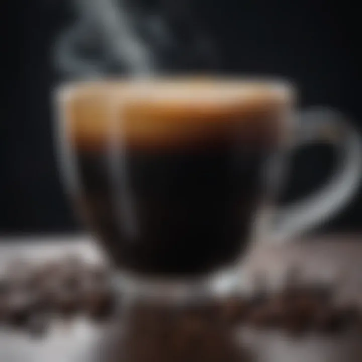 A close-up of a steaming cup of black coffee highlighting its rich texture and aroma.