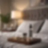 A serene bedroom setting with soft lighting and a bottle of relaxing pillow mist on the nightstand