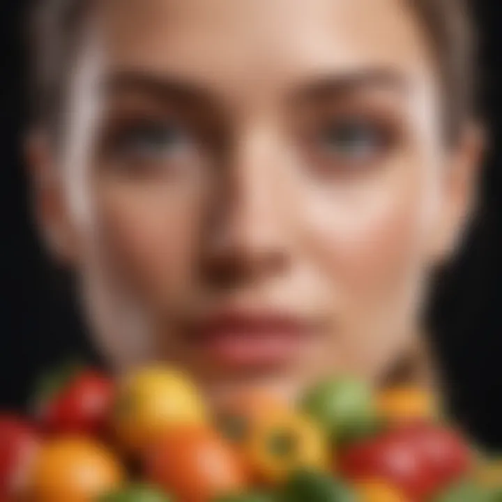 A vibrant array of fruits and vegetables rich in essential vitamins for skin health.