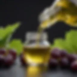 Close-up of grapeseed oil in a glass dropper bottle surrounded by grape clusters.