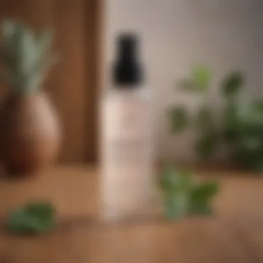 Close-up of toner bottle with natural ingredients on a wooden surface