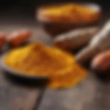 Close-up of turmeric powder with essential oils