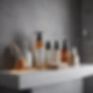 A minimalist bathroom shelf with various skincare products