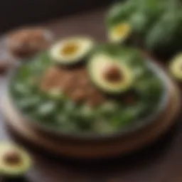 A balanced plate showcasing low-carb foods such as leafy greens, avocados, and nuts.