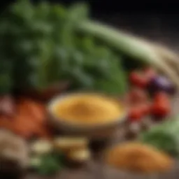 A variety of natural foods rich in insoluble fibers, including whole grains and vegetables.