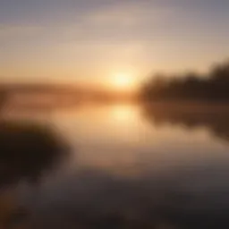 A tranquil morning scene depicting a sunrise over a calm landscape, symbolizing the start of a new day.