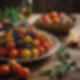 A vibrant spread of Mediterranean ingredients including olives, tomatoes, and herbs