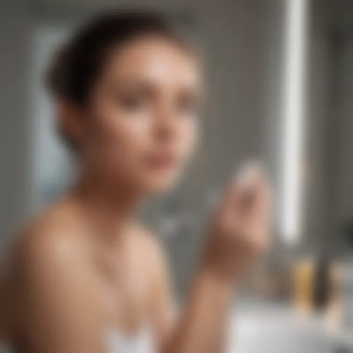 Woman applying skincare products in a modern minimalist bathroom