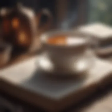A close-up of a cup of tea and a book reflecting relaxation and gratitude