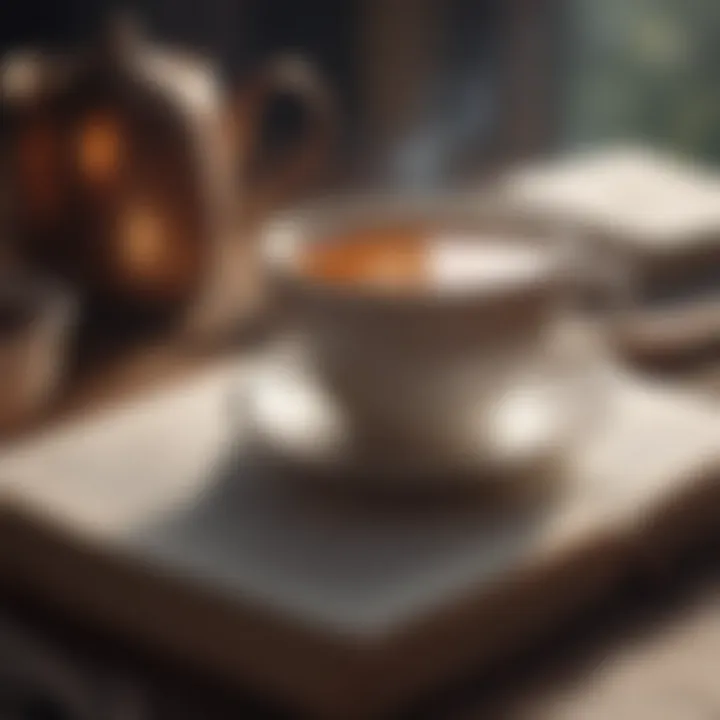 A close-up of a cup of tea and a book reflecting relaxation and gratitude